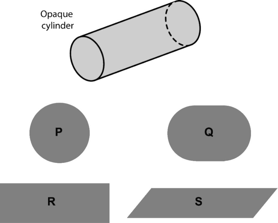 GATE XL 2023 Q10 figure: An opaque cylinder (shown below) is suspended in the path of a parallel beam of light, such that its shadow is