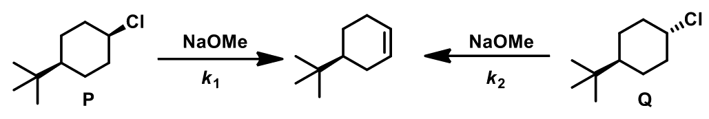 GATE XL 2023 Q23 figure: Compounds P and Q undergo E2 elimination with reaction rate constants of k 1 and k 2 , respectively, as shown