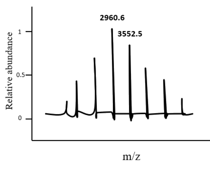 GATE XL 2024 Q46 figure: The spectrum of a protein obtained using electrospray ionization mass spectrometry (ESI-MS) is shown below. Tw