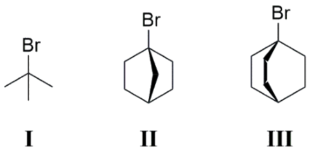 GATE XL 2025 Q11 figure: The rate of solvolysis for the following tertiary halides in 80% aqueous ethanol at 25 °C follows the order