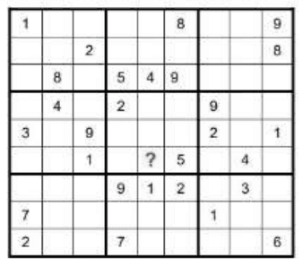 Partially filled 9 by 9 number grid with one square marked with a question mark