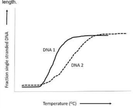 Melting curves of fraction single-stranded DNA against temperature for DNA 1 and DNA 2
