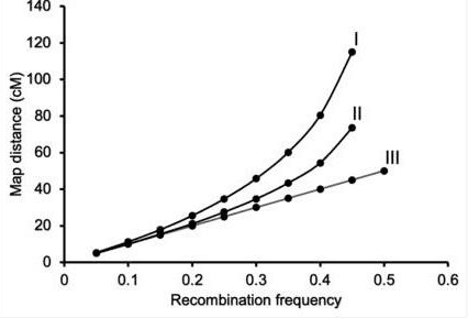Map distance in cM against recombination frequency for curves I, II and III