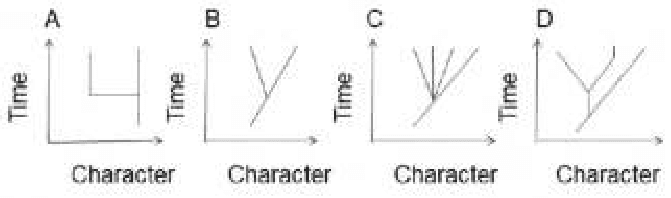 Four evolutionary trees A to D of character against time