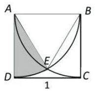 Unit square ABCD with arcs AC and BD meeting at E and the shaded sector AED
