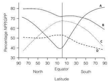 Percentage NPP/GPP against latitude for curves A to D
