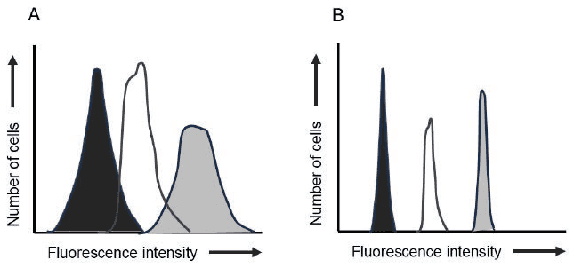 Flow cytometry histograms A and B, each with three peaks