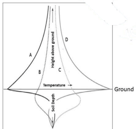 Temperature profiles A to D above and below bare ground
